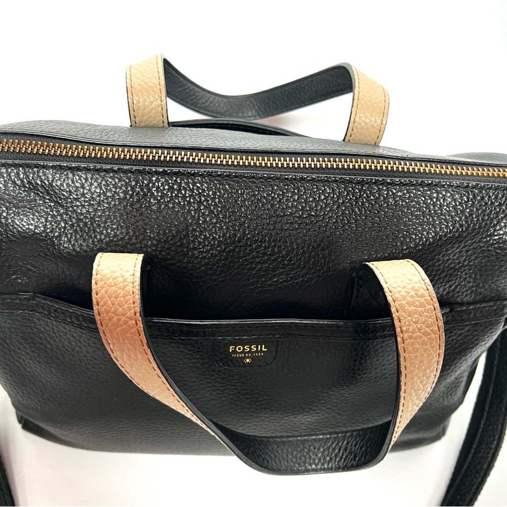 Fossil Black Pebbled Leather Satchel Bag Crossbody Top Handle Bowler Purse - Picture 3 of 13